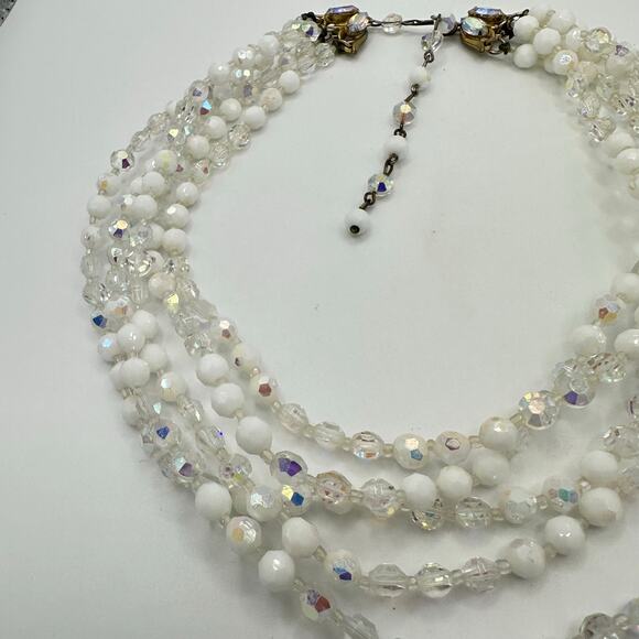 1950s vintage aurora borealis clear milk glass 5 multi strand beaded necklace - Picture 6 of 9